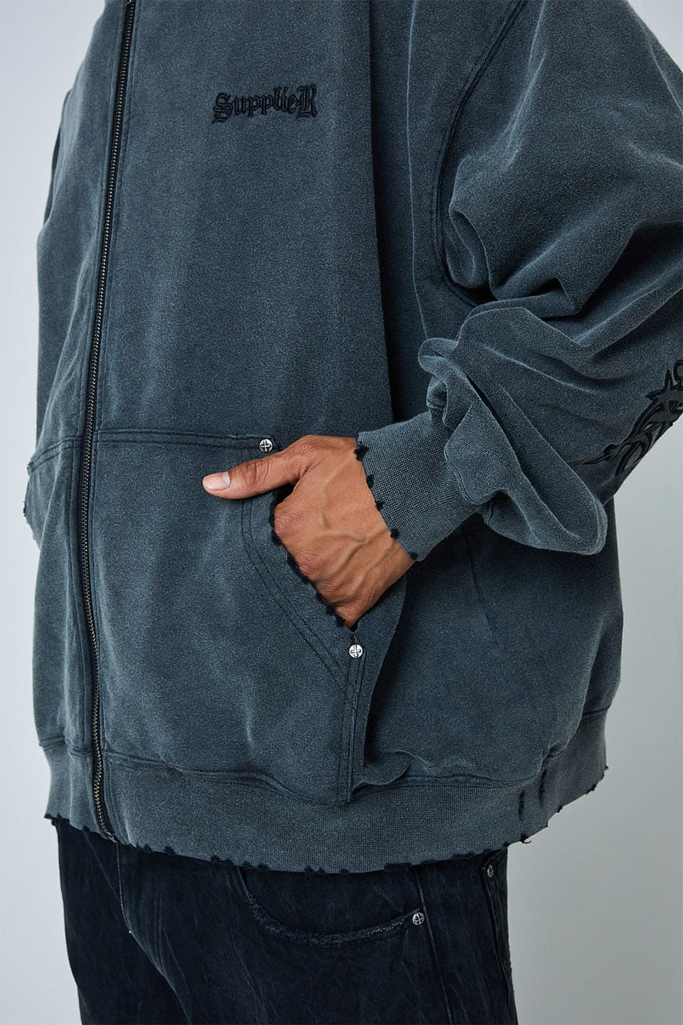 Studs Cross Patch Zip Hoodie