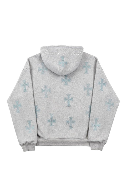Grey × baby Blue Rhinestone Cross Zip Hoodie