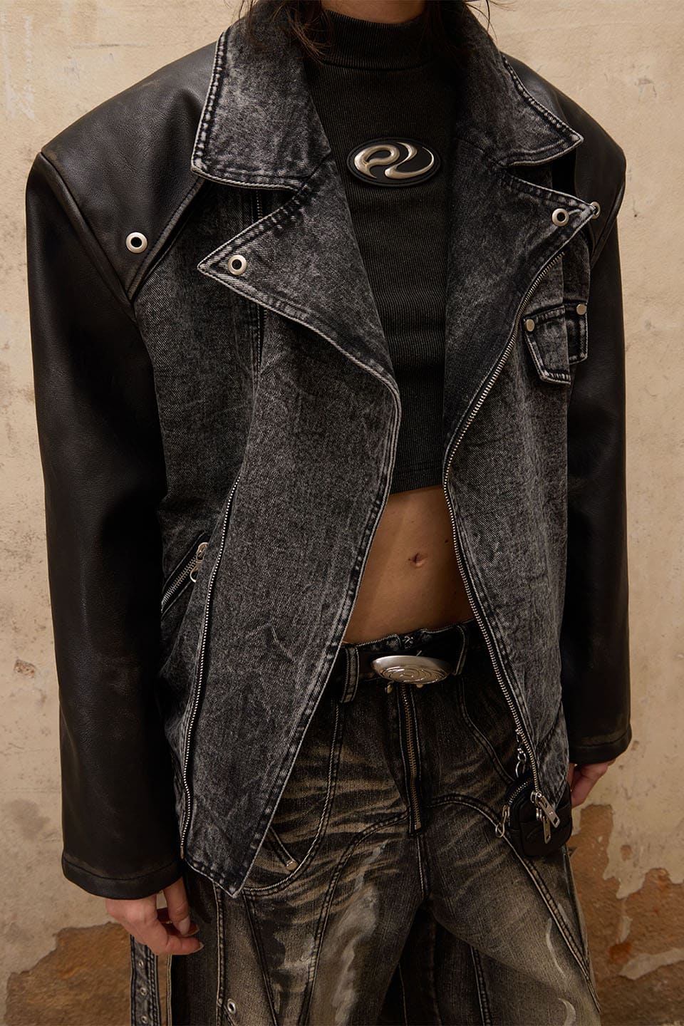 Motorcycle Denim Leather Jacket