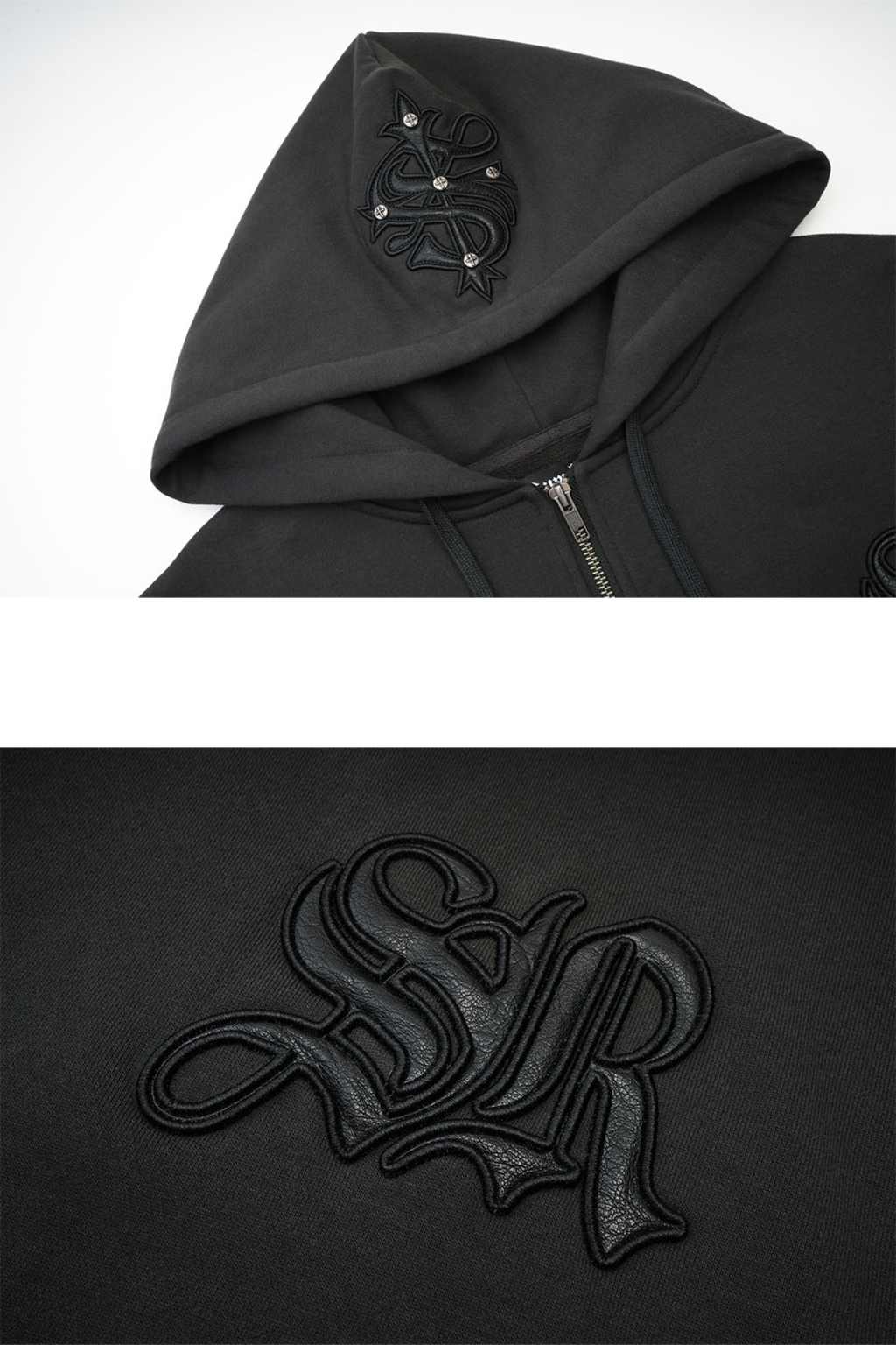 Cross Leather Patch Zip Hoodie