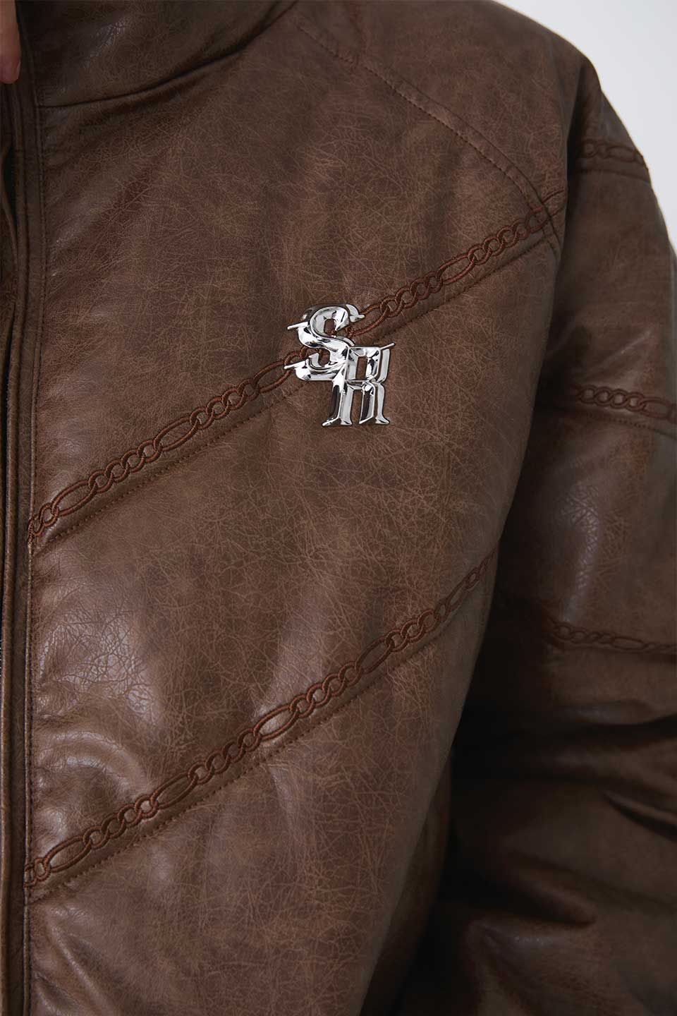 Chain Embroidery Faux Leather Puffer