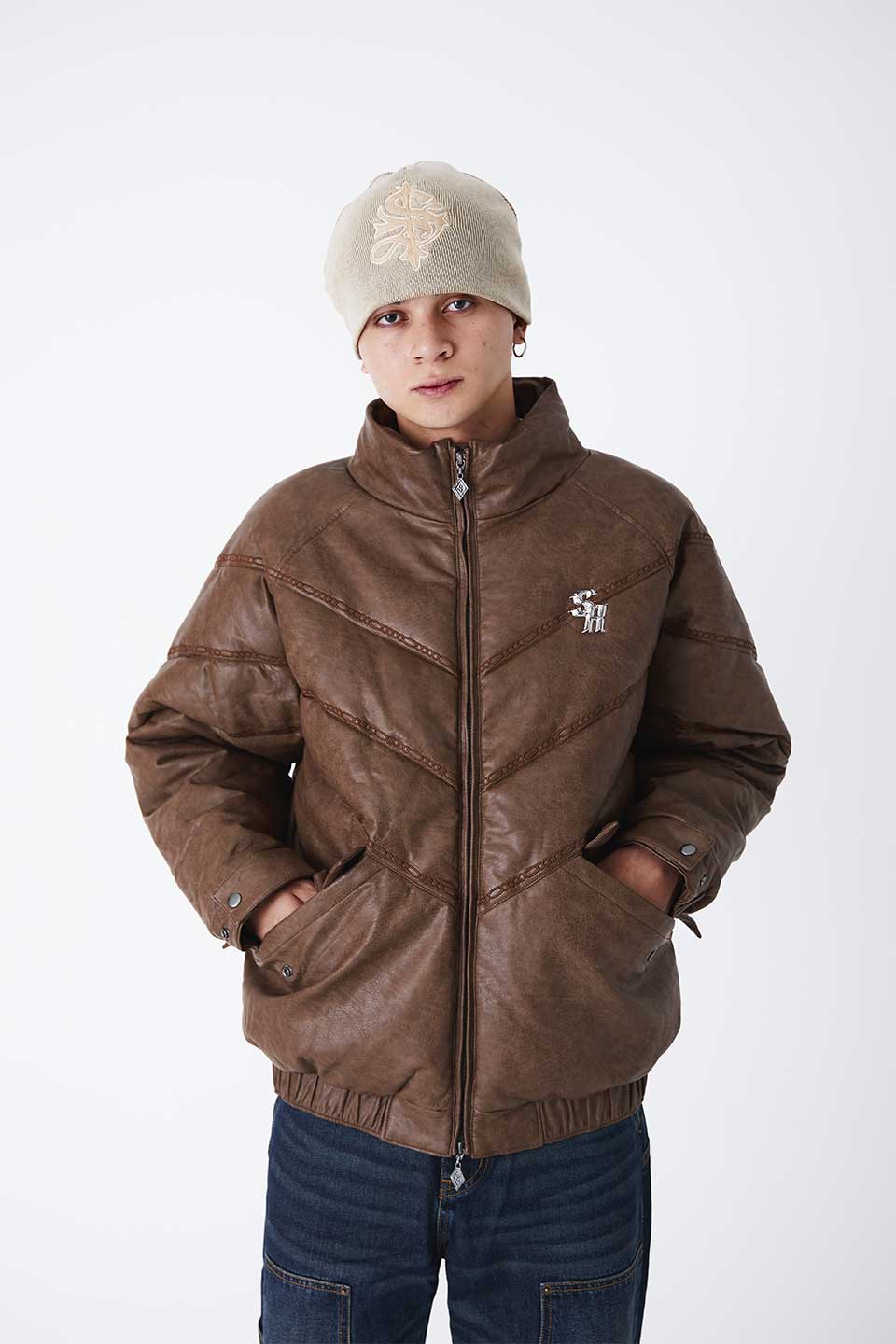 Chain Embroidery Faux Leather Puffer
