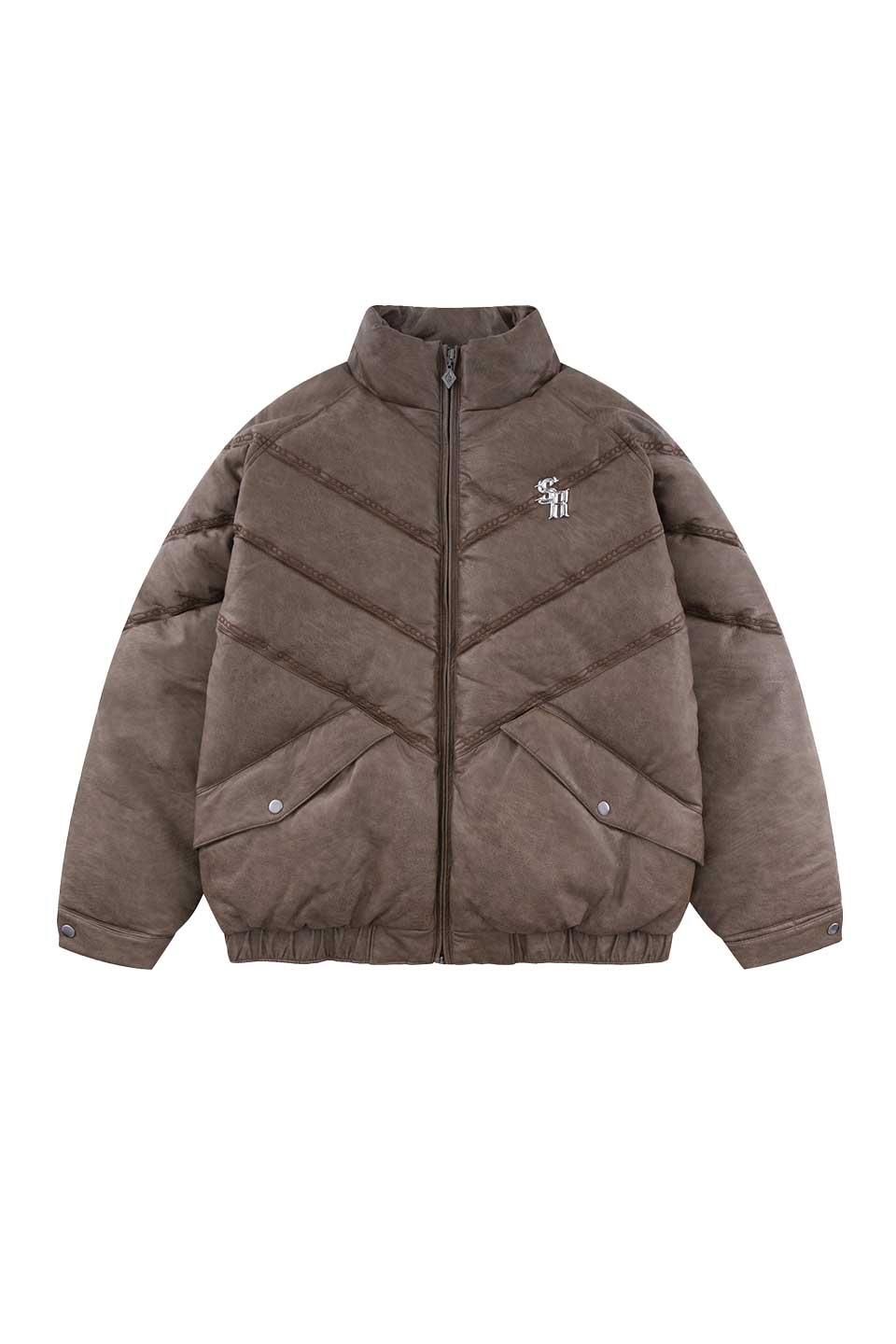 Chain Embroidery Faux Leather Puffer