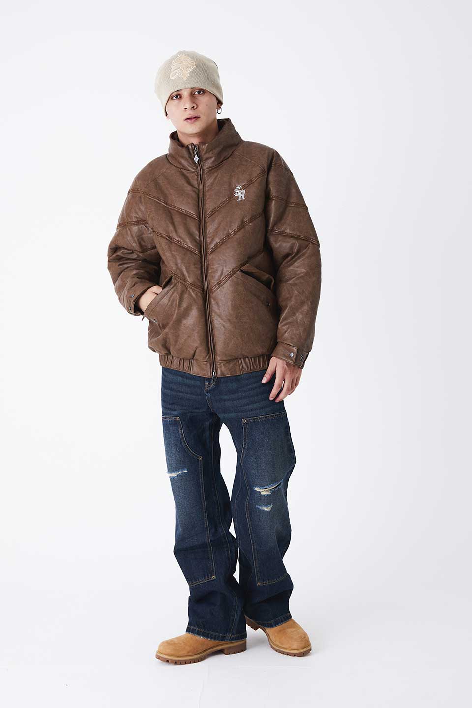 Chain Embroidery Faux Leather Puffer