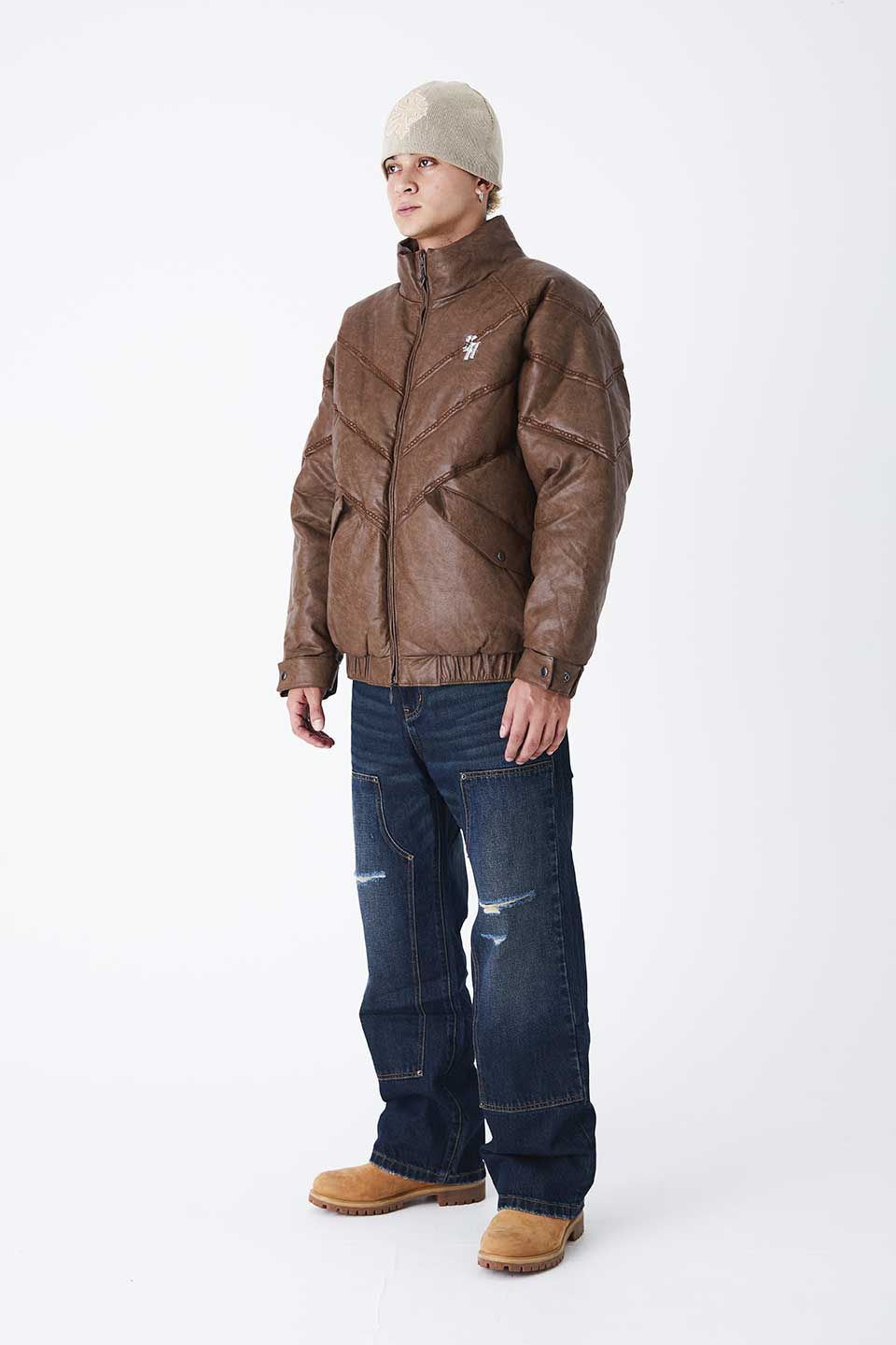 Chain Embroidery Faux Leather Puffer