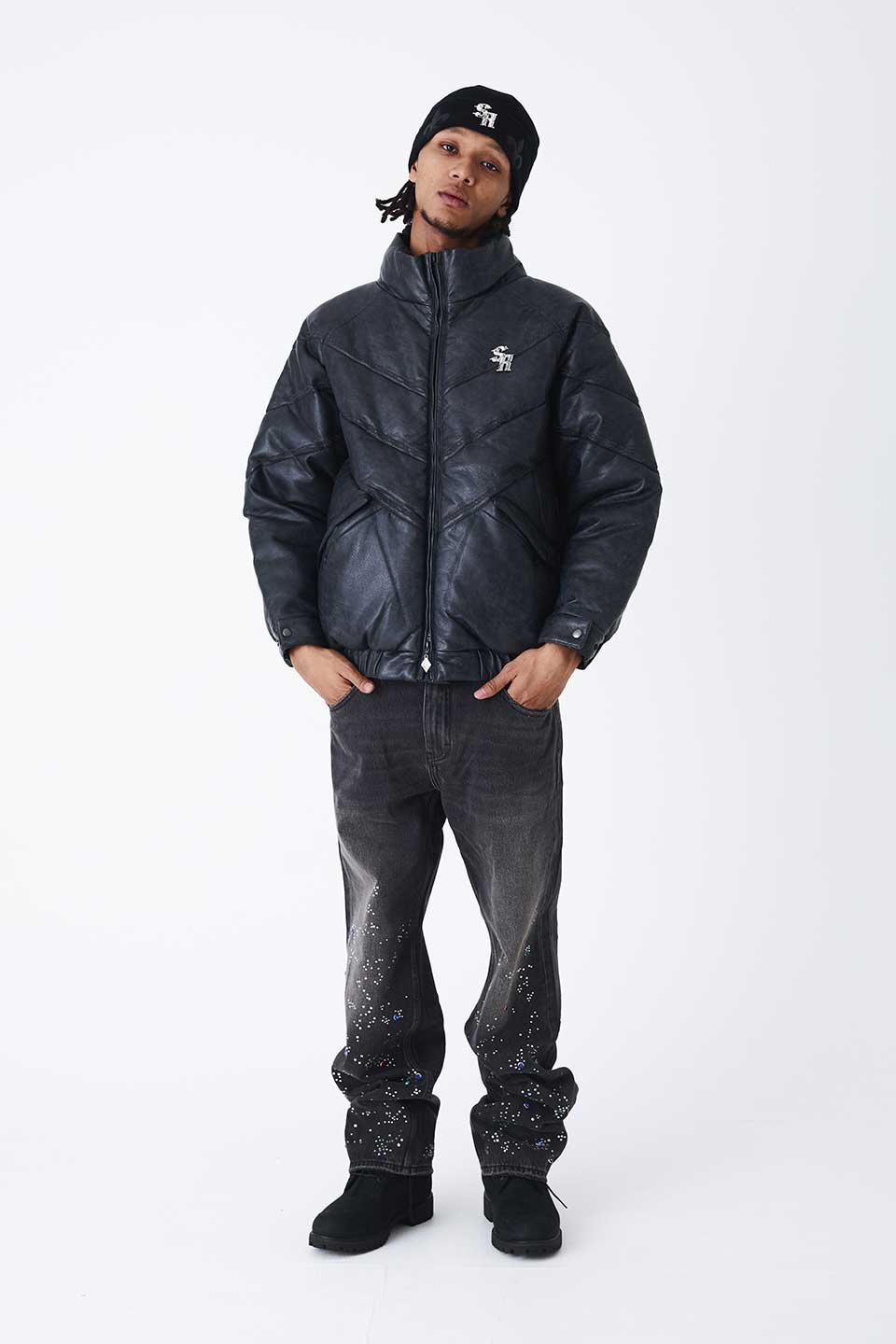 Chain Embroidery Faux Leather Puffer