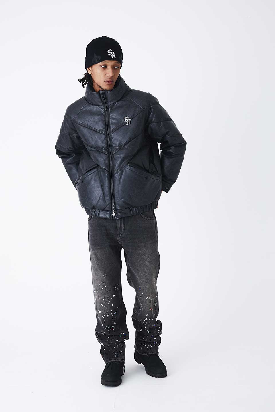 Chain Embroidery Faux Leather Puffer