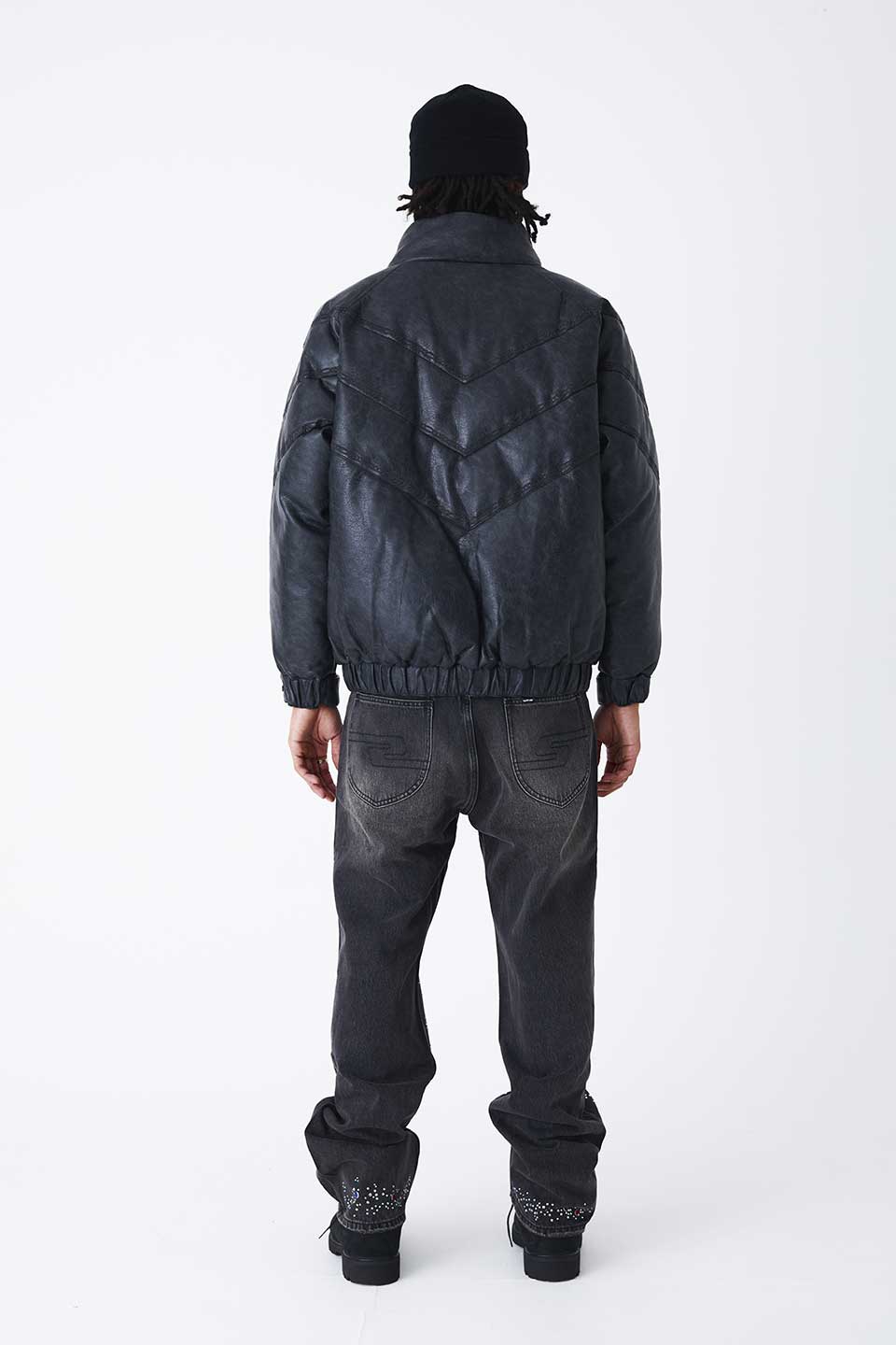 Chain Embroidery Faux Leather Puffer