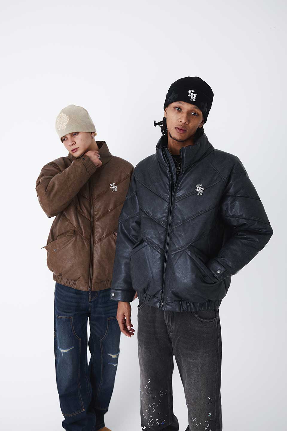 Chain Embroidery Faux Leather Puffer