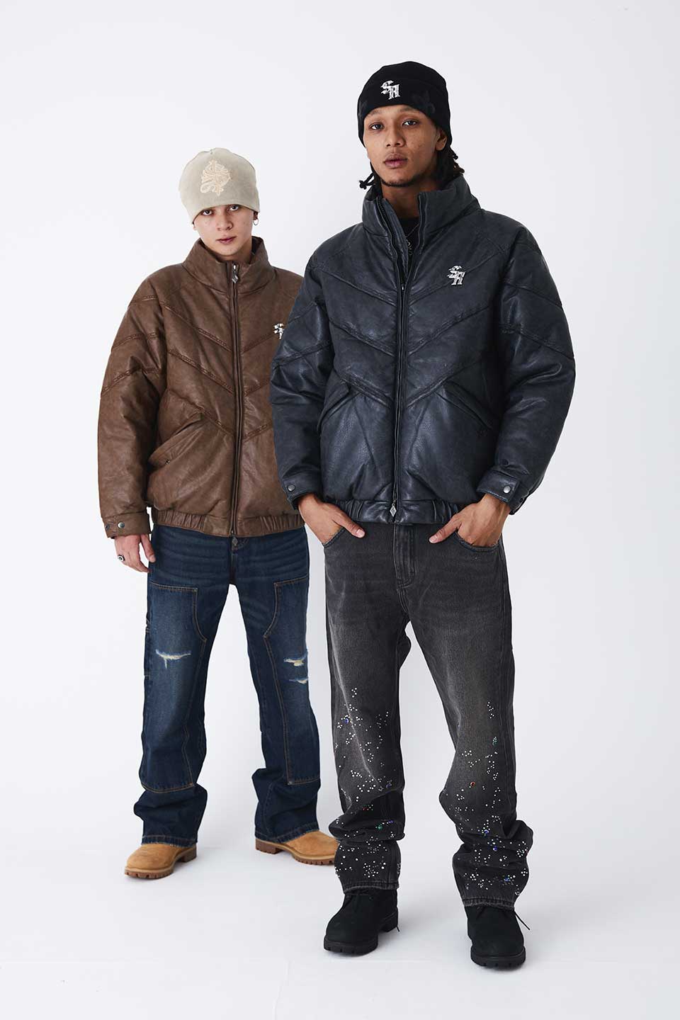 Chain Embroidery Faux Leather Puffer