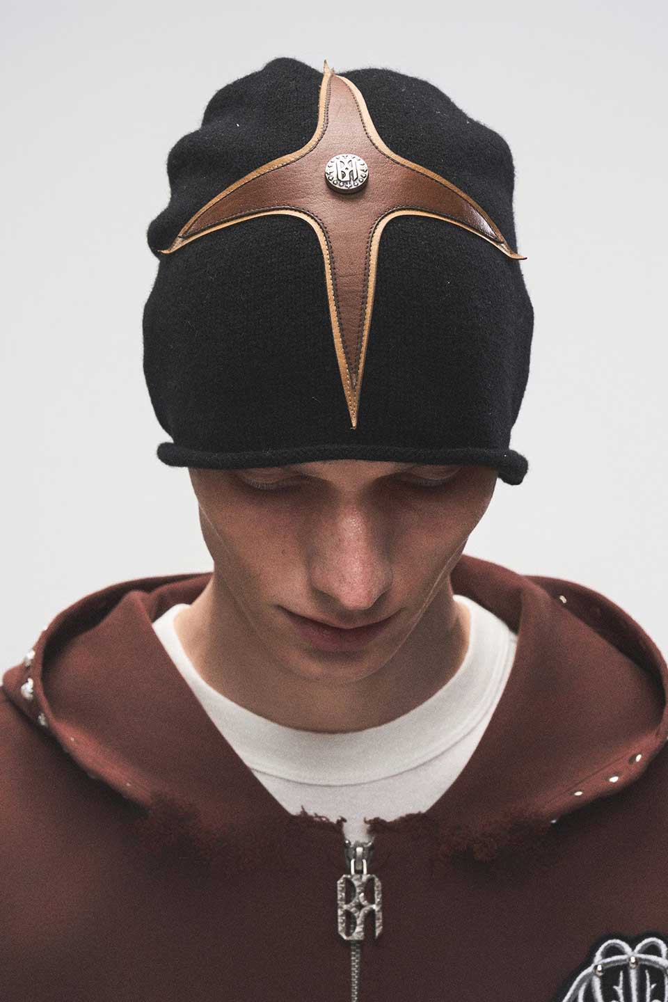 Cross- Patch Leather Beanie