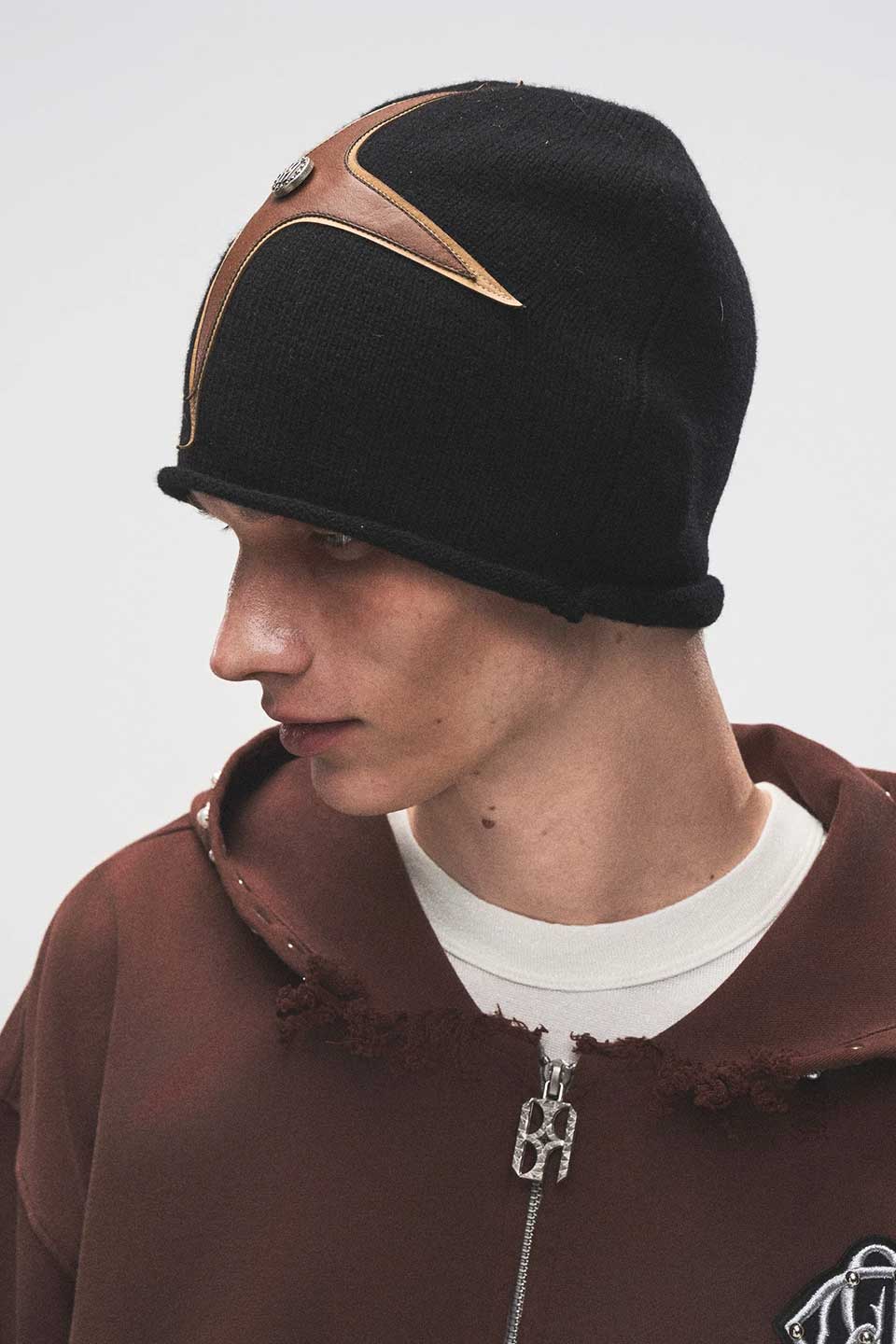 Cross- Patch Leather Beanie