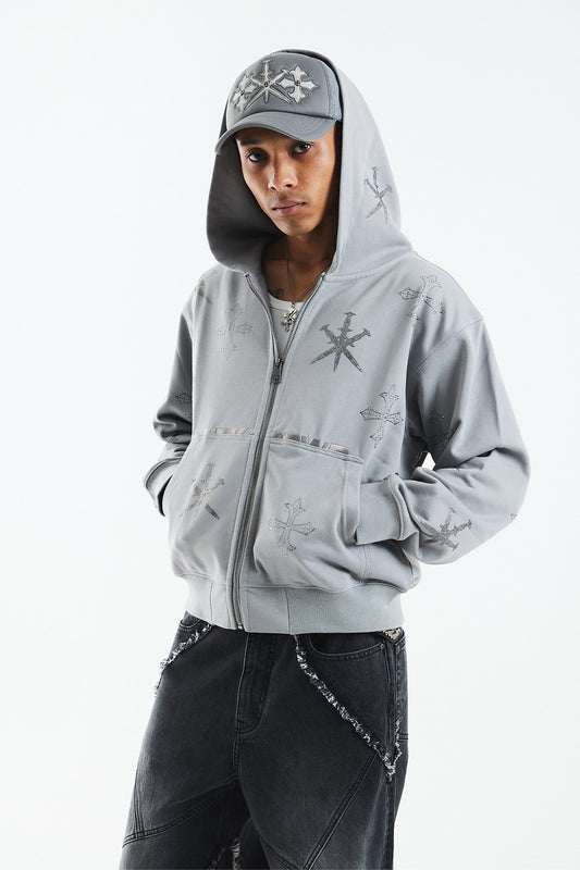 Dagger Cross Rhinestone Zip Hoodie
