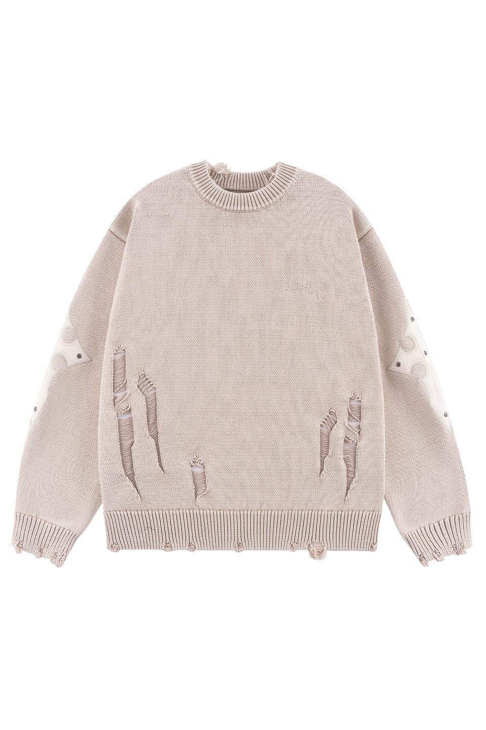 Distressed Cross Leather Patch Crew Knit V2