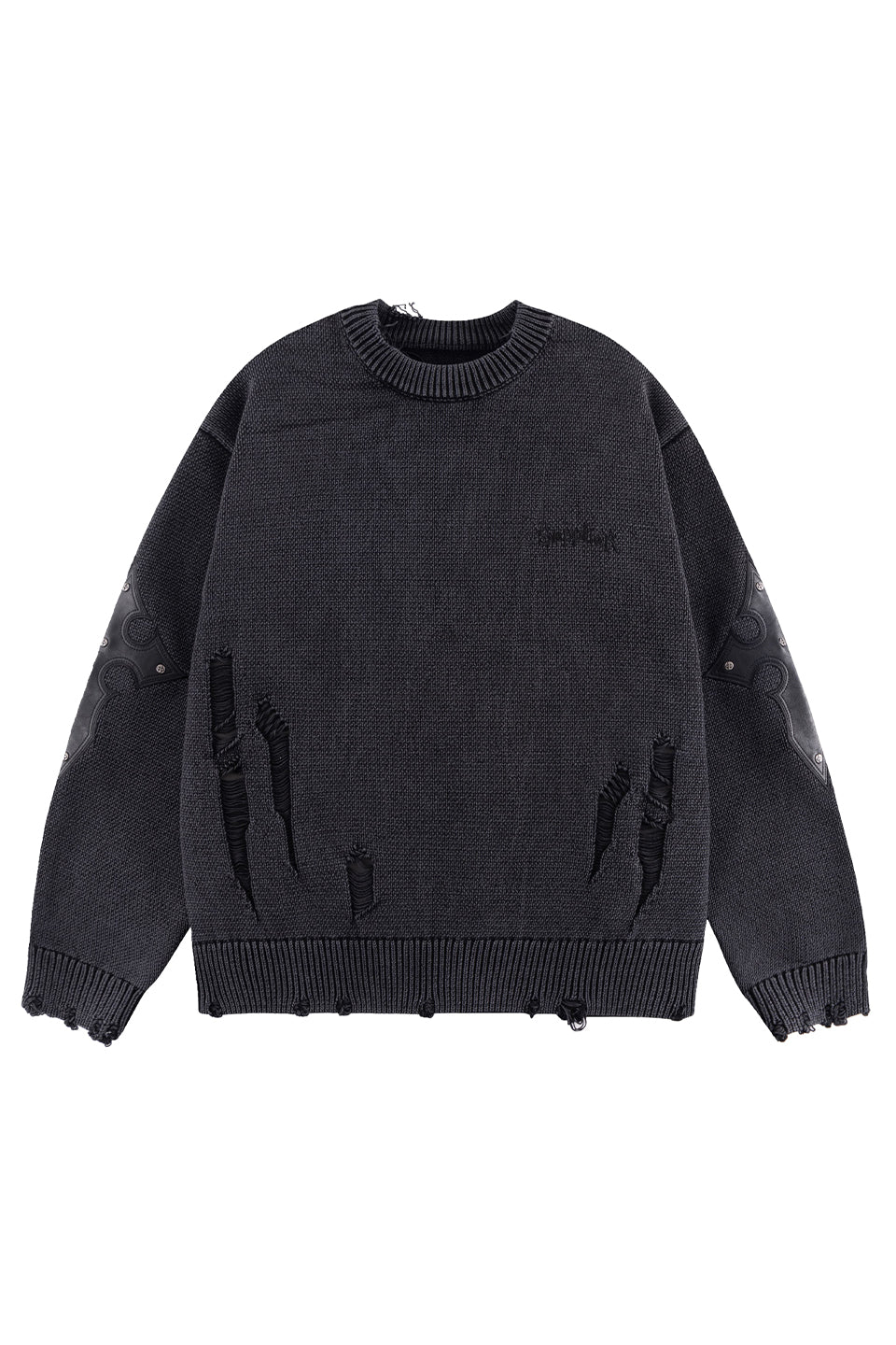 Distressed Cross Leather Patch Crew Knit V2