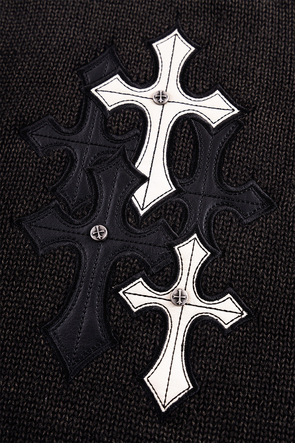 Distressed Multiple Cross Leather Patch Crew Knit