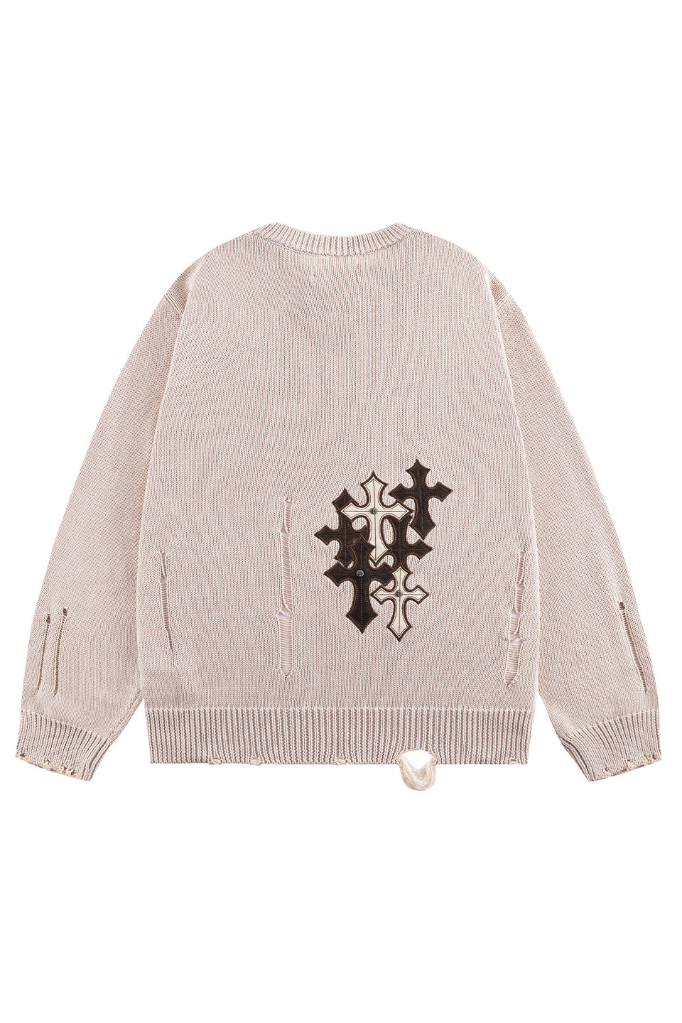 Distressed Multiple Cross Leather Patch Crew Knit