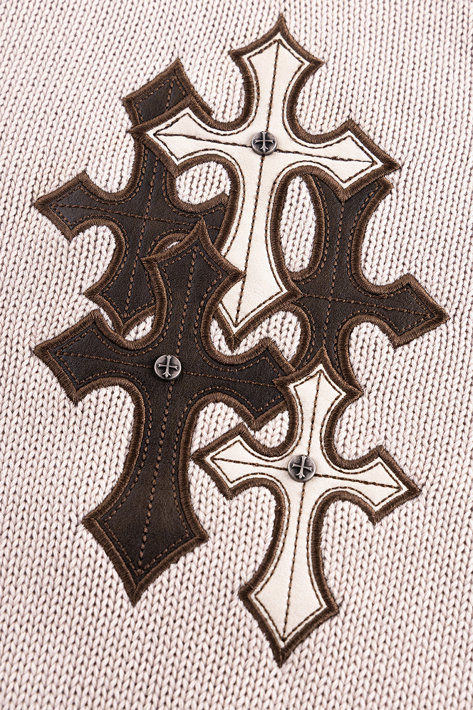 Distressed Multiple Cross Leather Patch Crew Knit