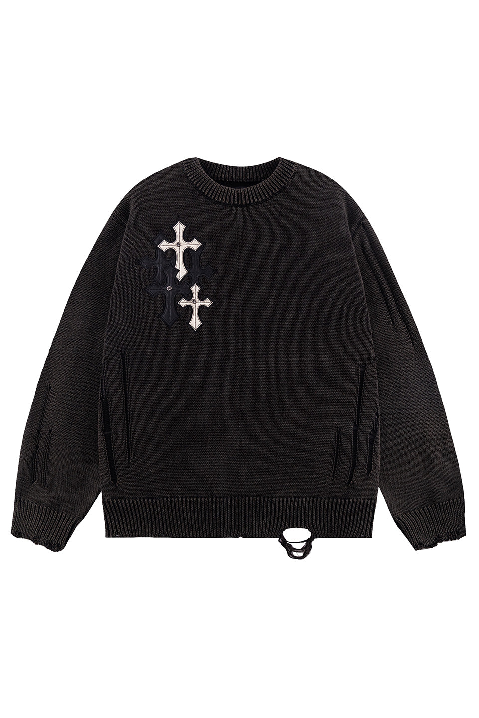 Distressed Multiple Cross Leather Patch Crew Knit