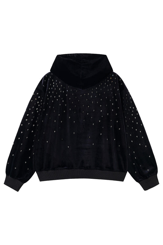 Micro Cross Rhinestone Velour Zip Hoodie