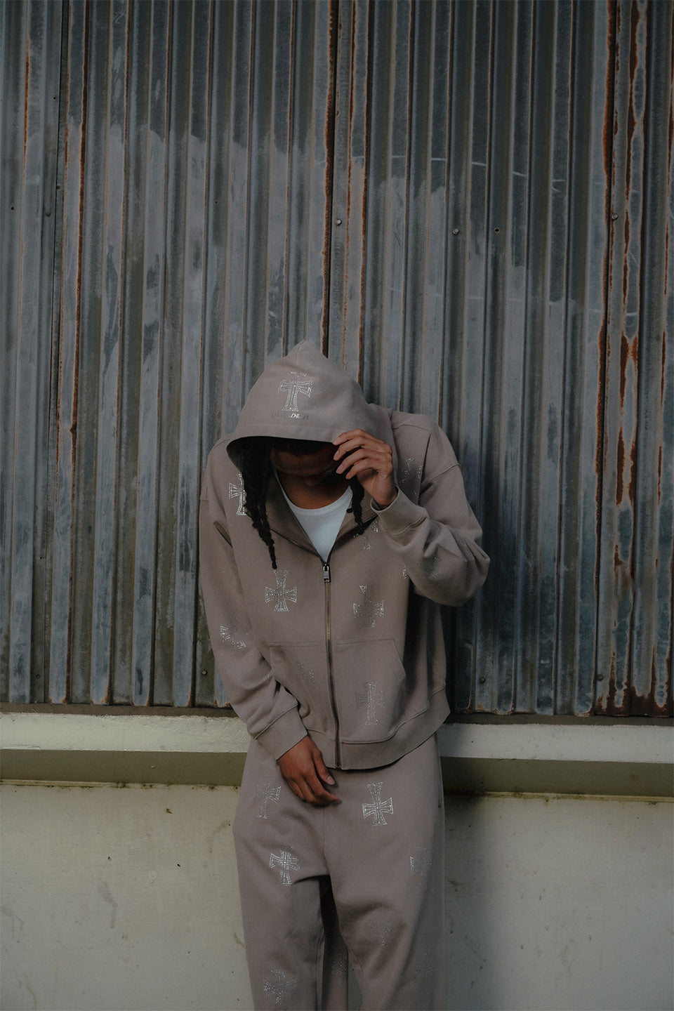 Outline Cross Rhinestone Zip Hoodie