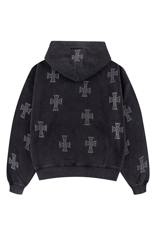 Outline Cross Rhinestone Zip Hoodie