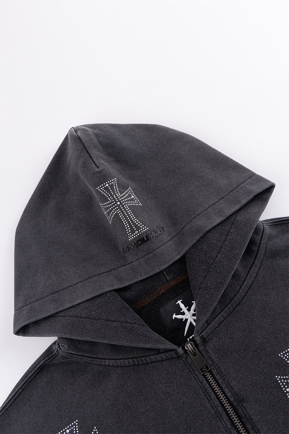 Outline Cross Rhinestone Zip Hoodie
