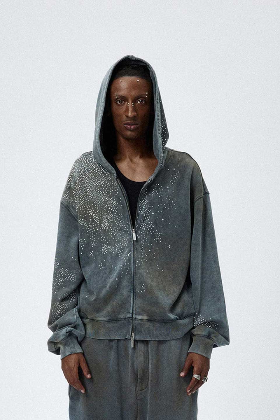 Rhinestone Black Zip-Up Hoodie