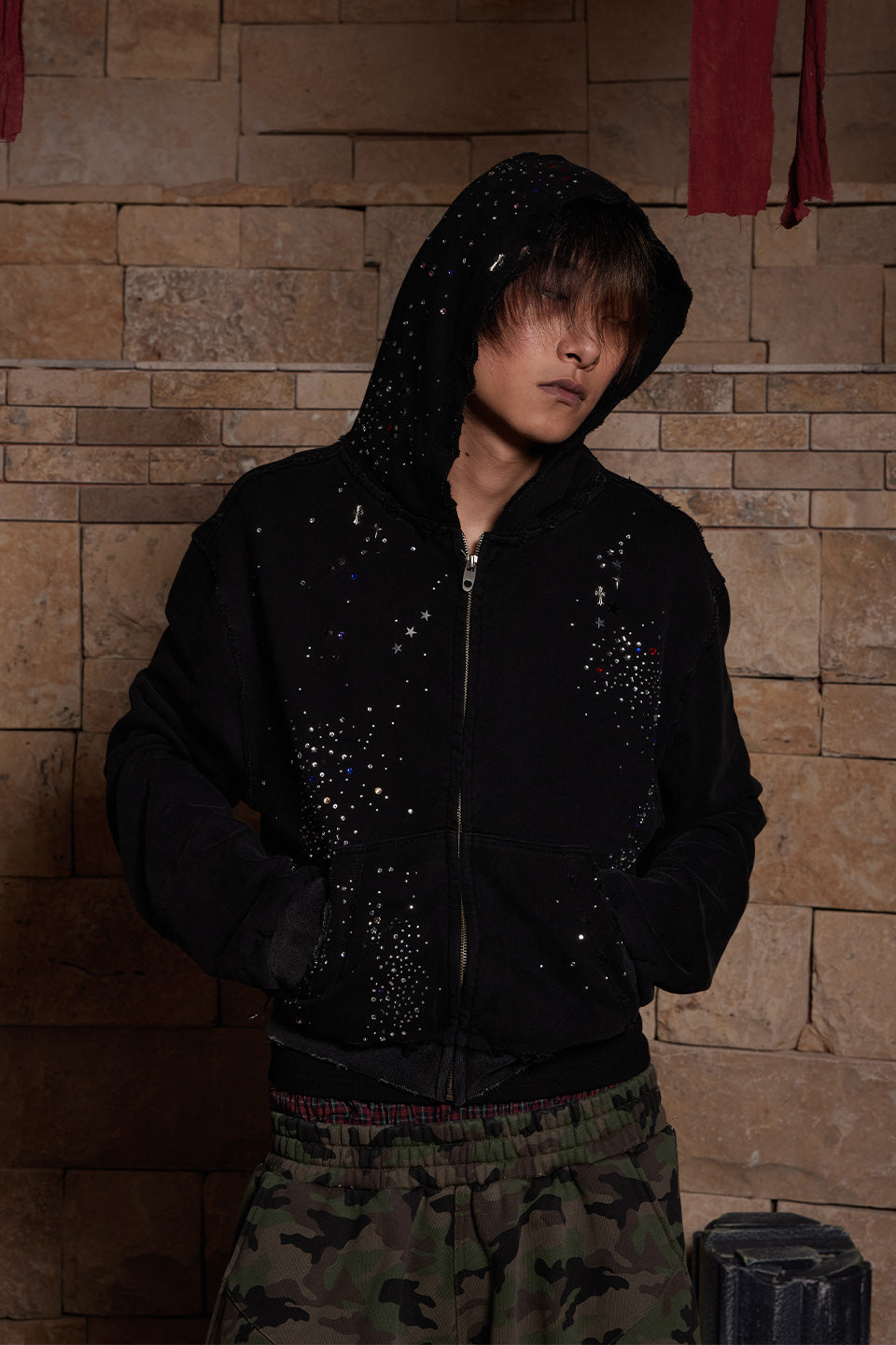 Rhinestone Black Zip-Up Hoodie