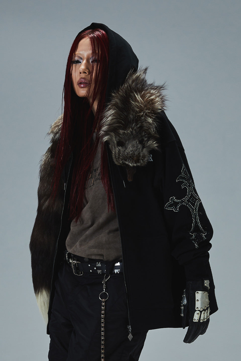 Rhinestone Cross Sleeve Zip Hoodie