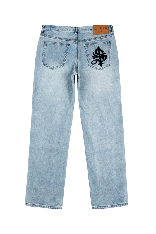 Bone Embroidery Washed Denim