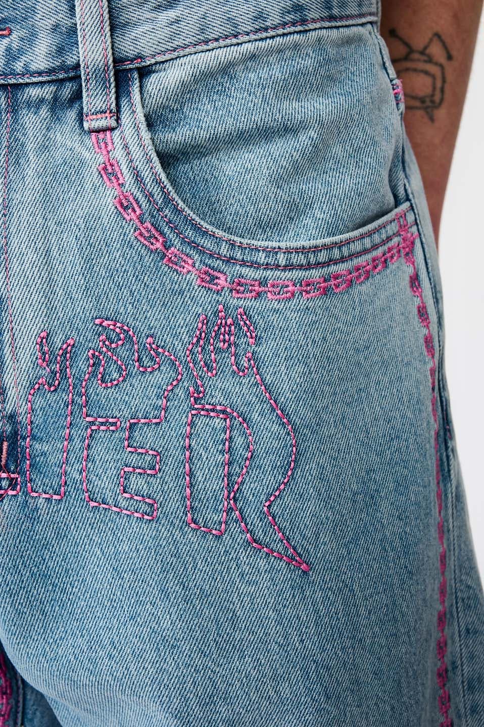 Fire Pattern Stitch Logo Denim