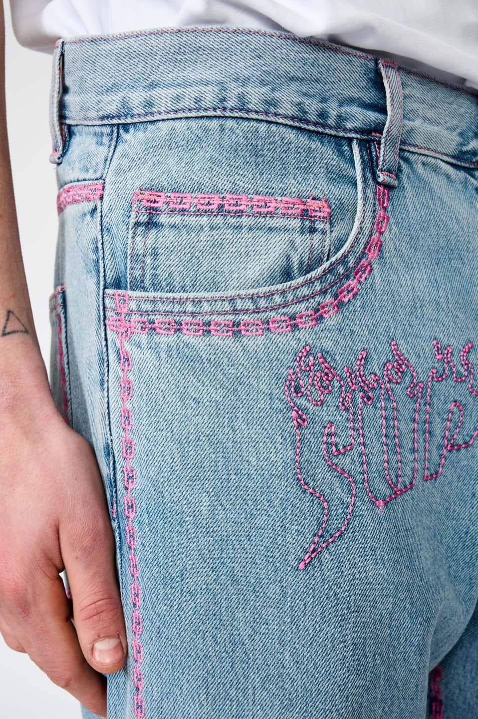 Fire Pattern Stitch Logo Denim