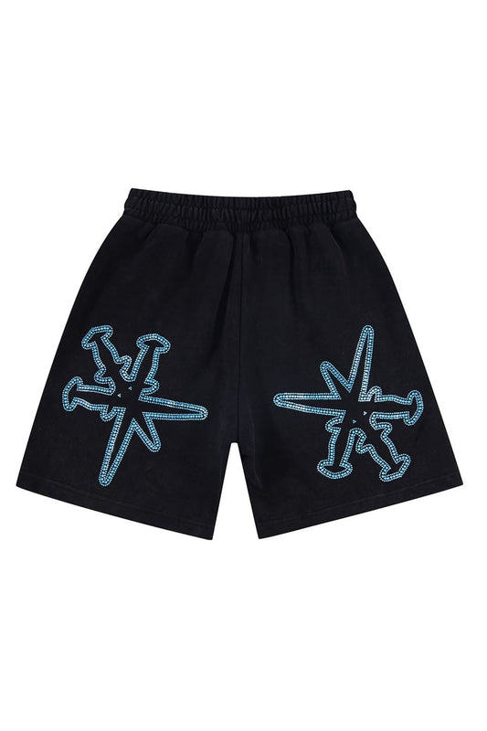Black / Blue Xl Dagger Rhienstone Shorts