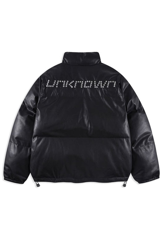 Metal Studded Pu Leather Puffer Jacket