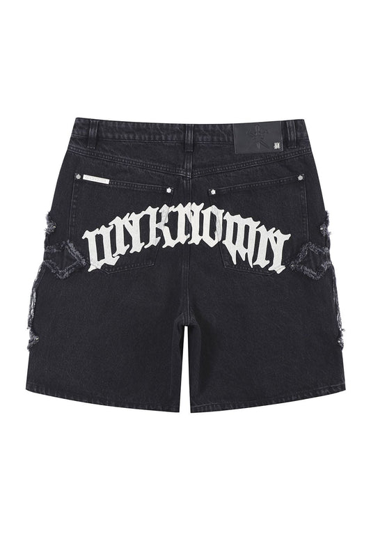 Cross Fraded Patch Washed Denim Shorts