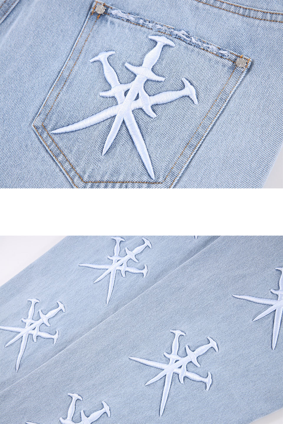 Washed Blue Dagger Embroidery baggy Denim