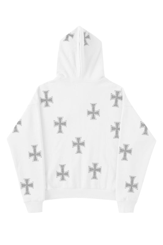 White x Black Rhinestone Cross Zip Hoodie