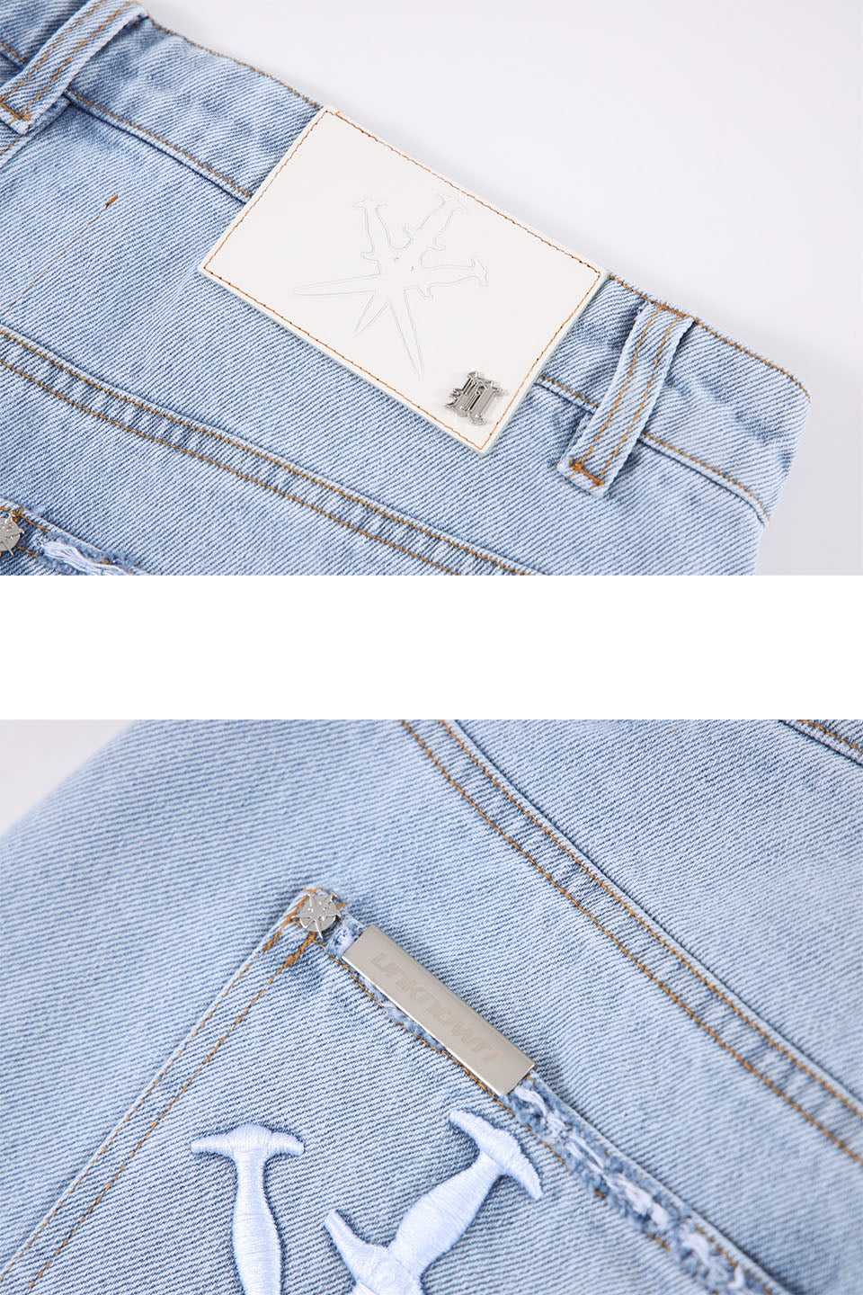 Washed Blue Dagger Embroidery baggy Denim