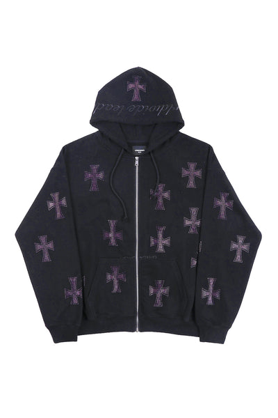 Unknown London Black x Purple Rhinestone Cross Zip Hoodie