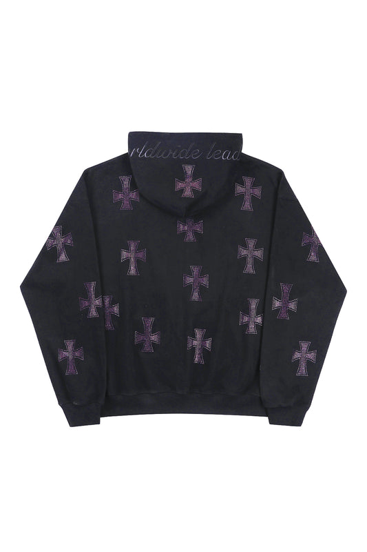 Black × purple Rhinestone Cross Zip Hoodie
