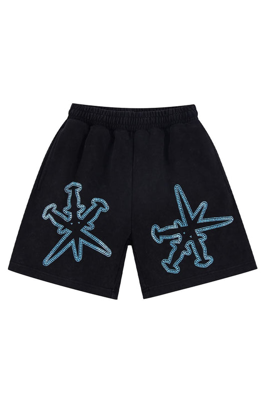 Black / Blue Xl Dagger Rhienstone Shorts