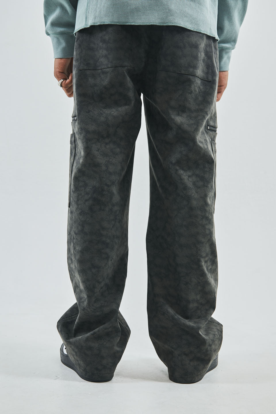 High Waisted Vintage Marble Leather Cargo Pants - Washed Grey