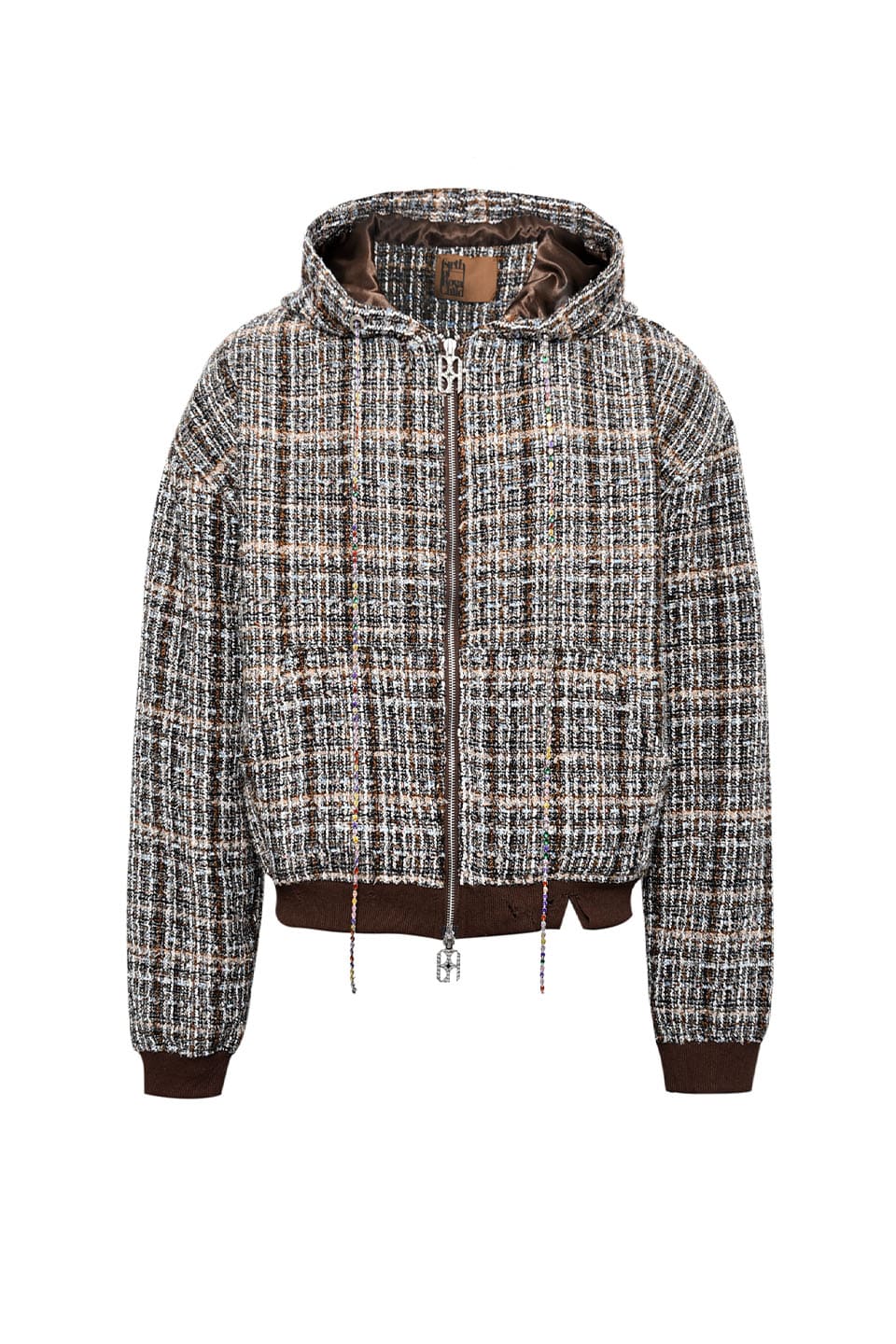 Maillard Fancy Tweed Hoodie With Colorful Jewels Chain
