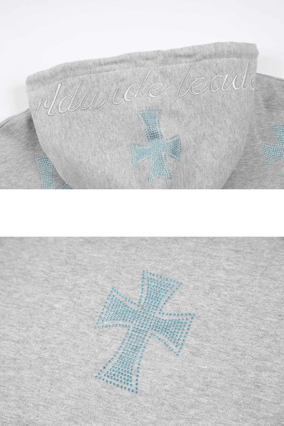 Grey × baby Blue Rhinestone Cross Zip Hoodie