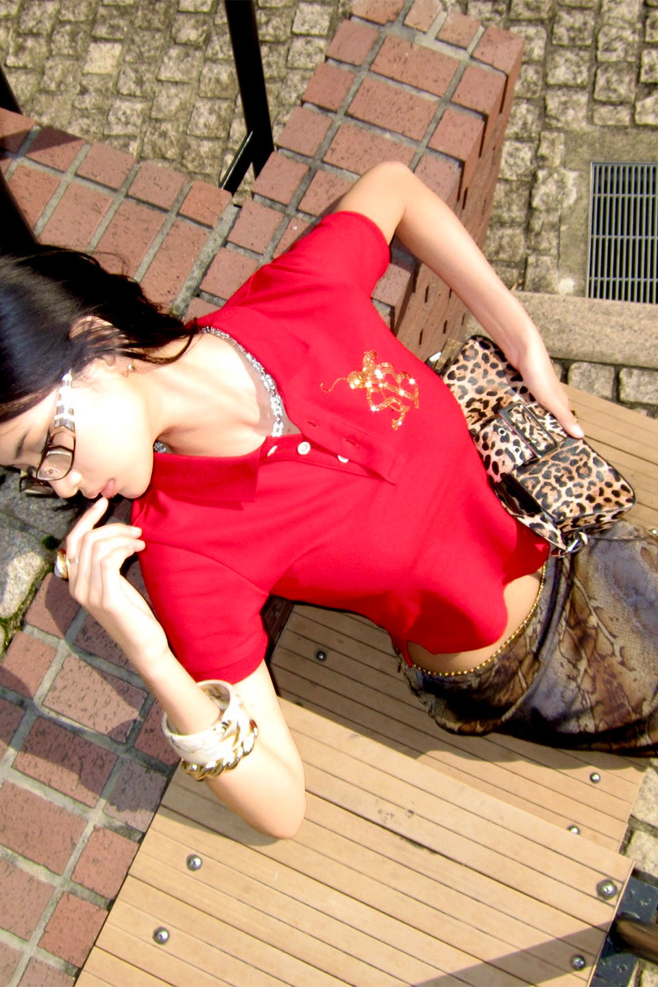Rhinestone Leopard Logo Polo Shirt Women's Red