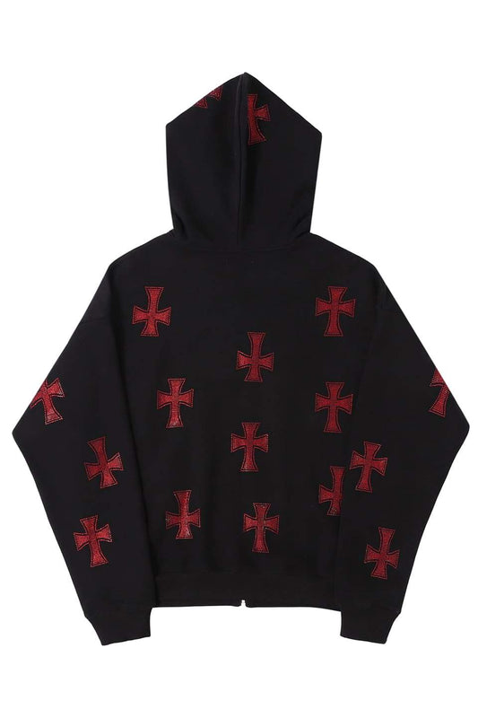 【予約商品】Black x Red Cross Rhinestone Zip Hoodie【10月下旬~11月上旬お届け】