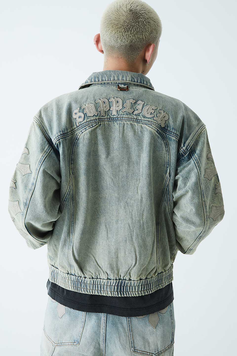 Cross Leather Patch Denim Jacket