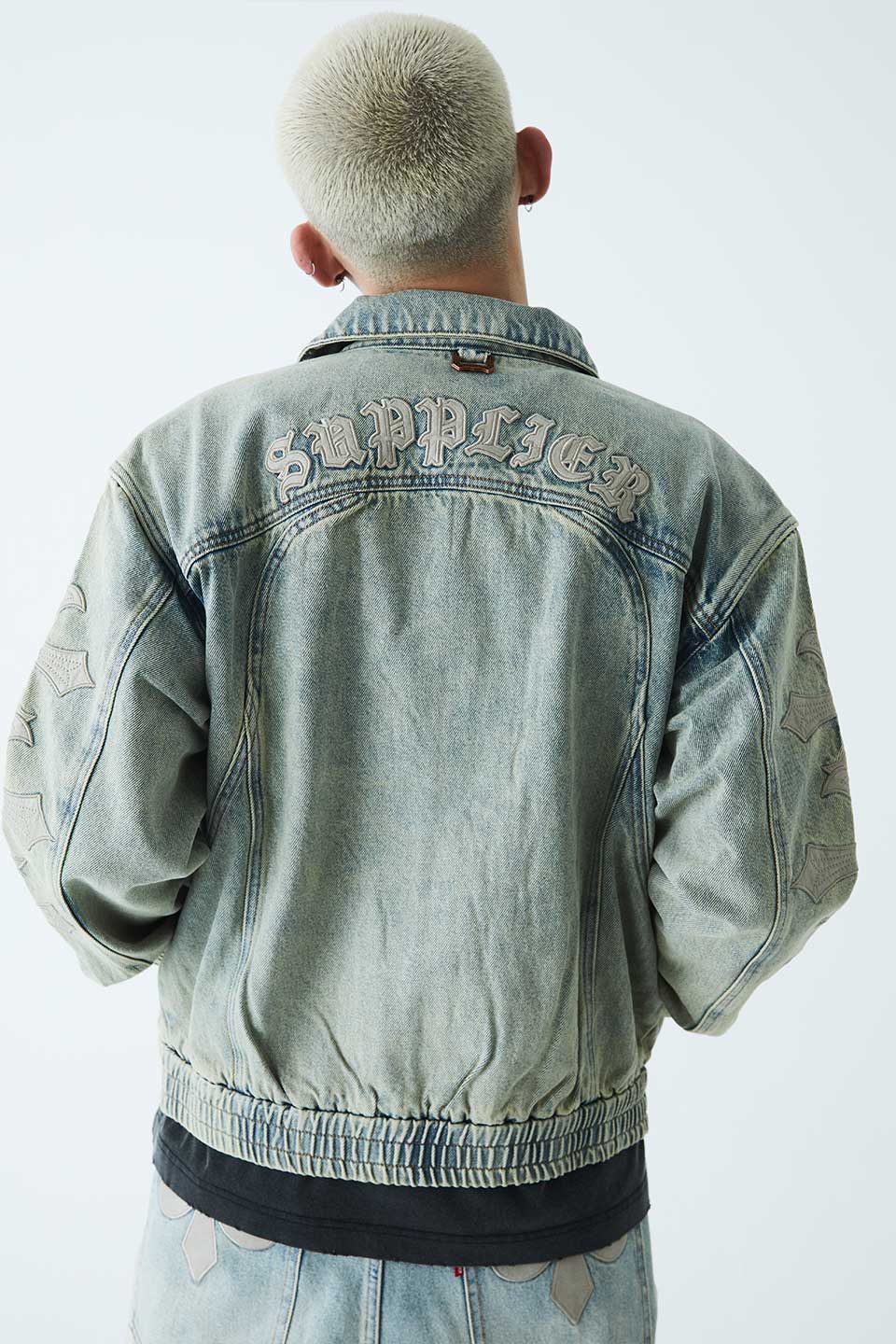 Cross Leather Patch Denim Jacket