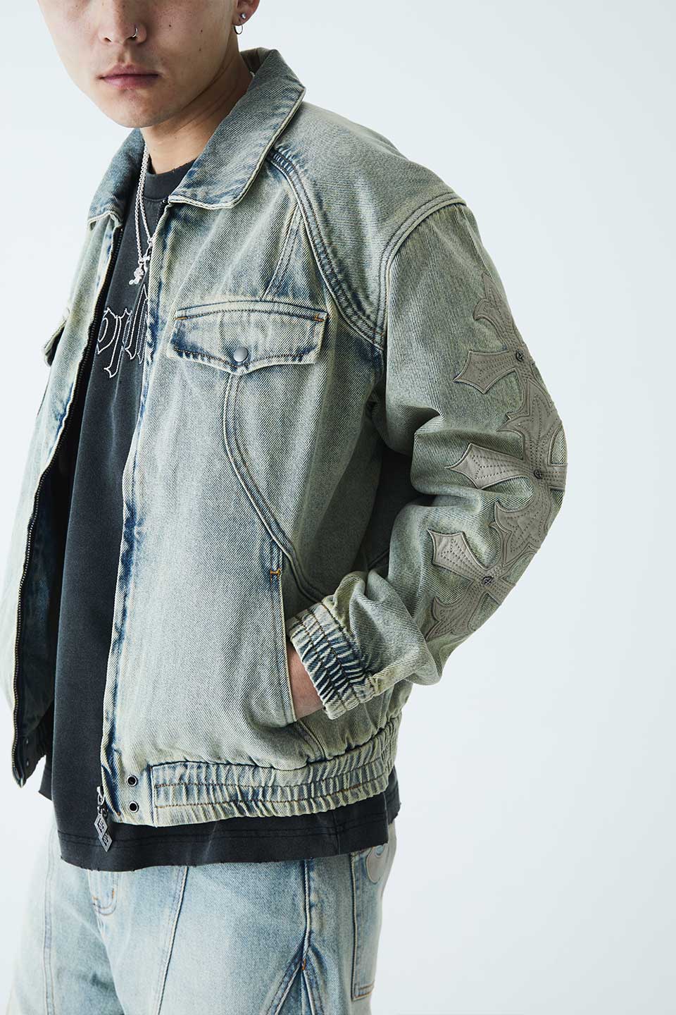 Cross Leather Patch Denim Jacket